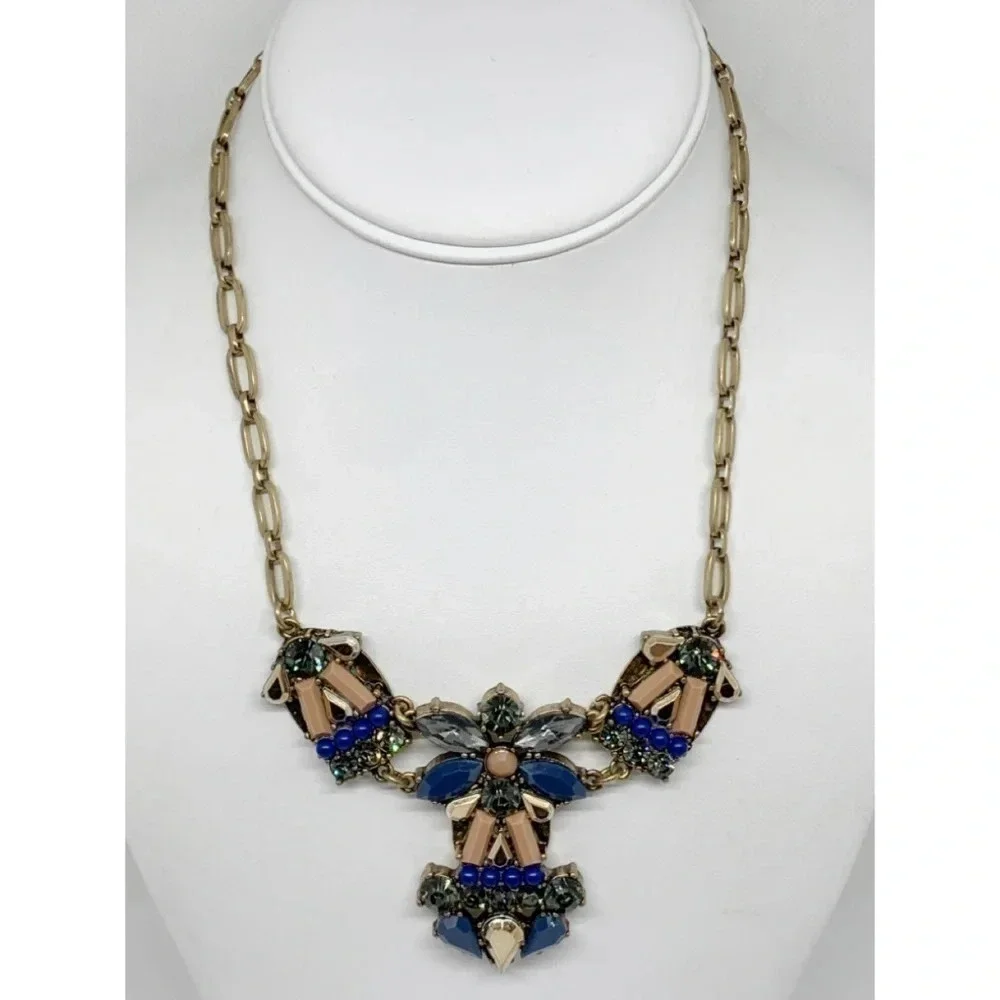 J. Crew Navy Tan Gray Crystal Necklace NWT